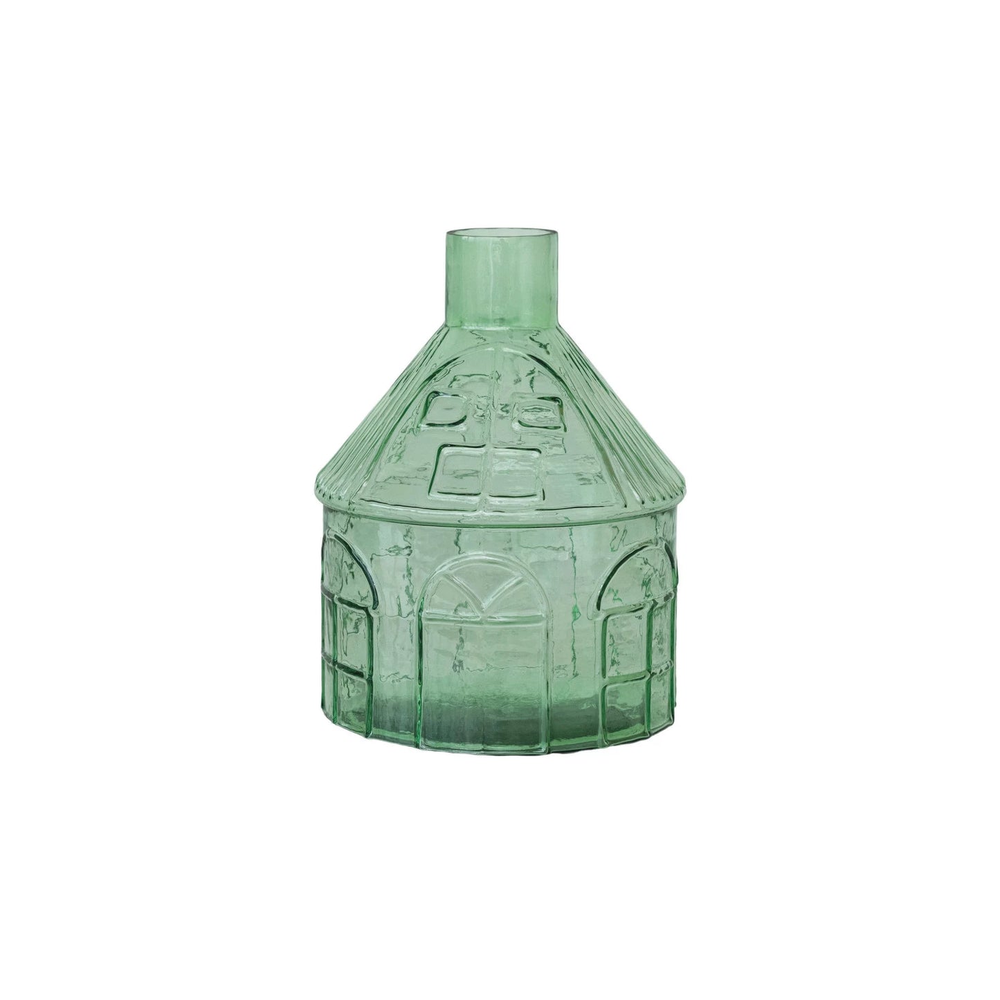 Light Green Pressed Glass House Shaped Vase