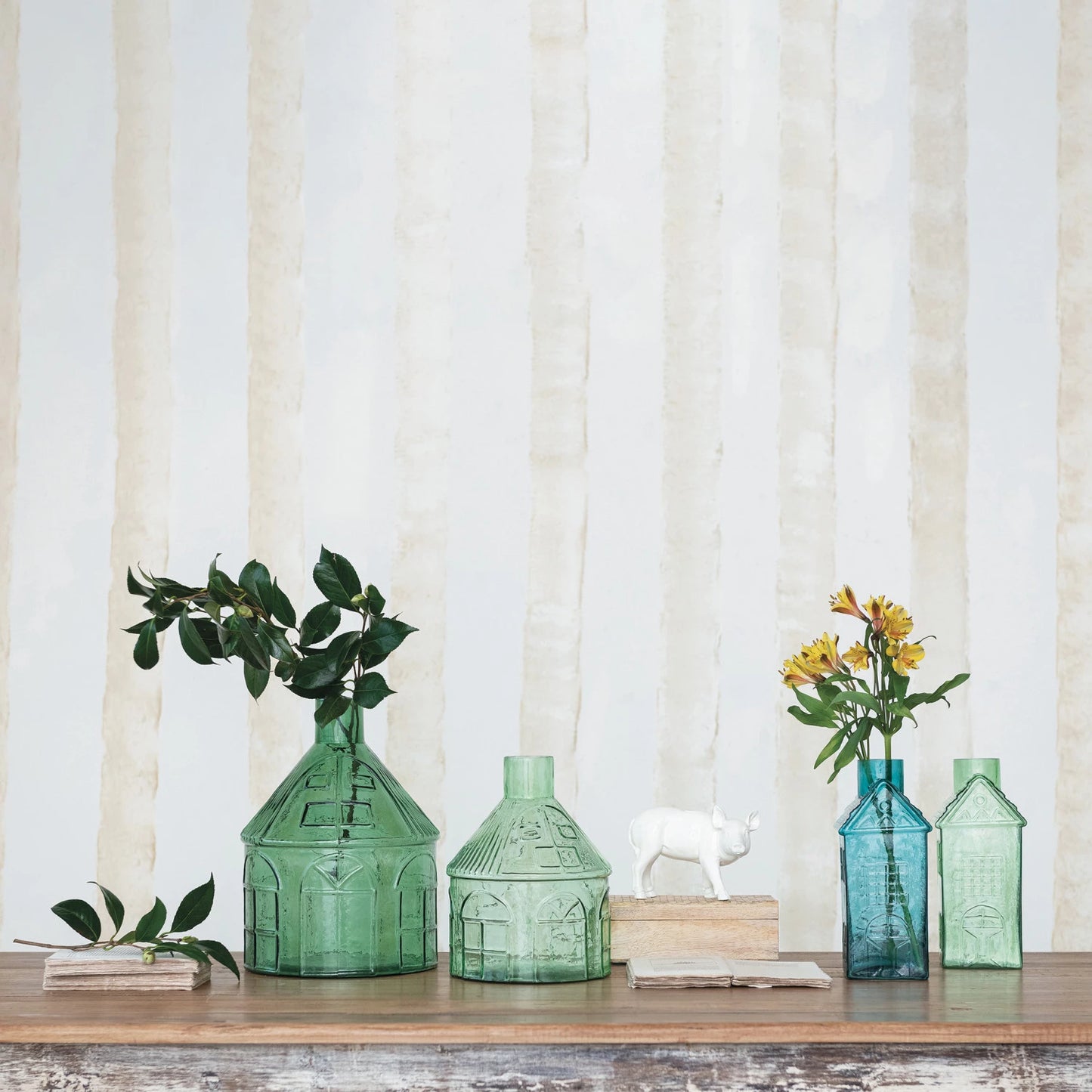 Light Green Pressed Glass House Shaped Vase