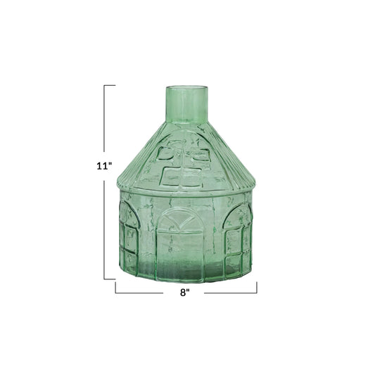 Light Green Pressed Glass House Shaped Vase