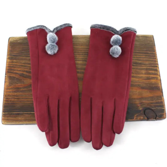 Suede Gloves with Mini Poms