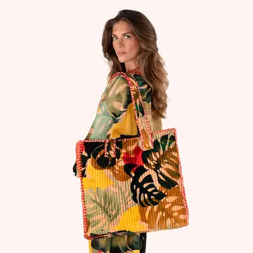 Exotic Leaves Quilted Velvet Tote Bag