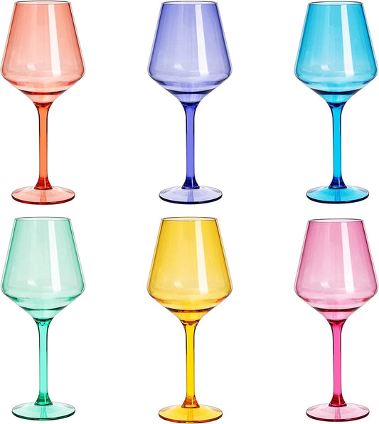 Unbreakable Colored Stemmed Wine Glasses, Acrylic Set - 6
