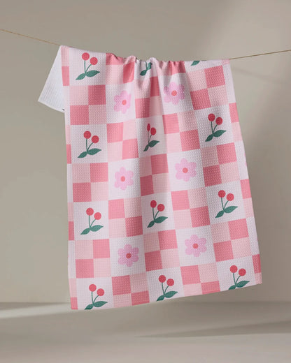 Geometry Floral and Cherries Tea Towel