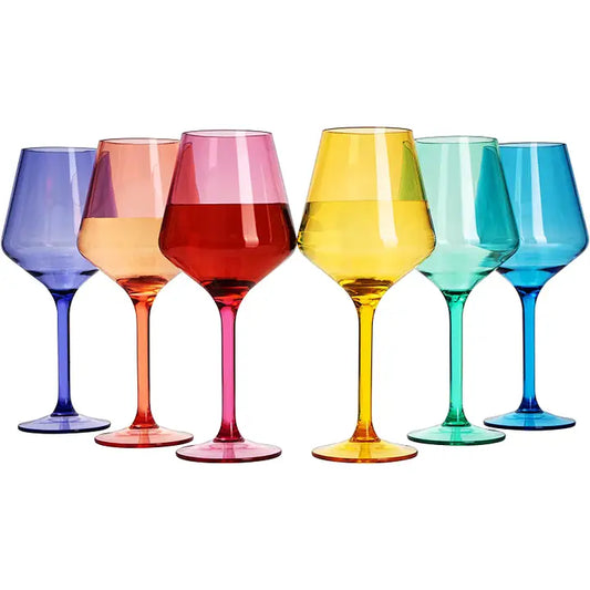 Unbreakable Colored Stemmed Wine Glasses, Acrylic Set - 6
