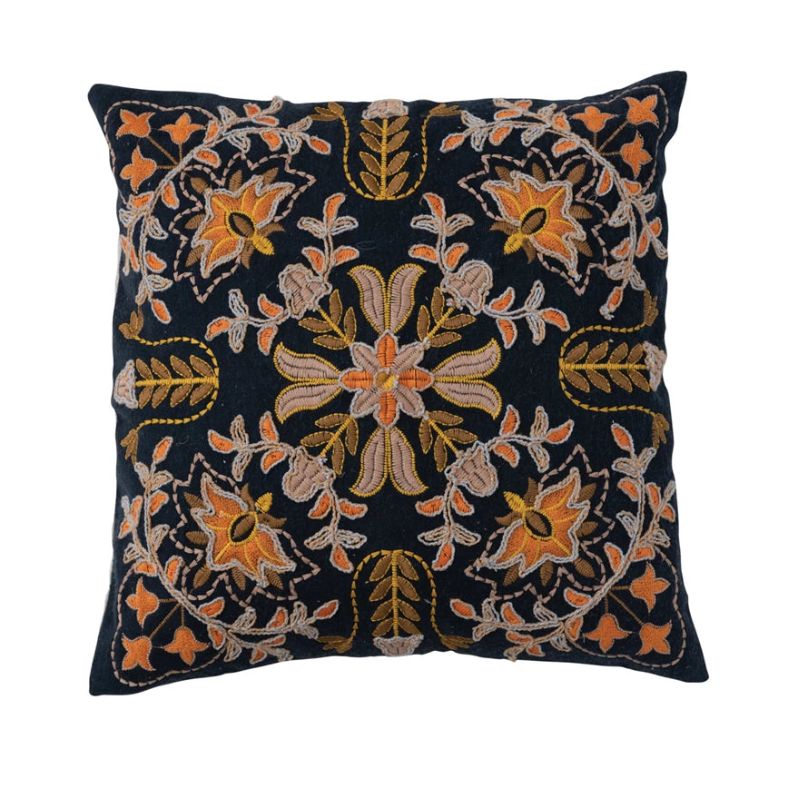 Cotton Embroidered Pillow w/ Floral Design
