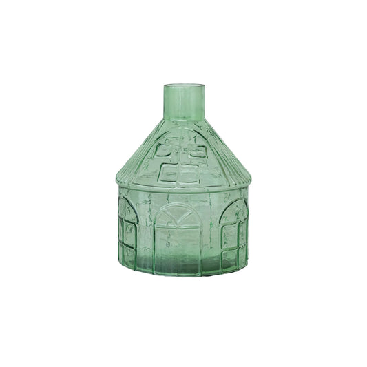 Light Green Pressed Glass House Shaped Vase