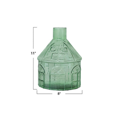 Light Green Pressed Glass House Shaped Vase