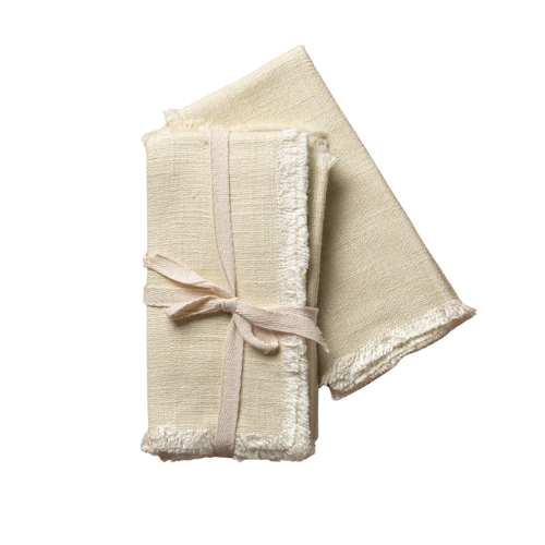 Cream Square Linen Napkins with Fringe Trim (Set of 4)