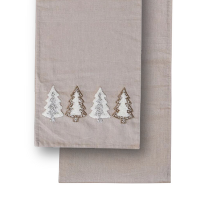 Chambray Table Runner - Embroidered Tufted Trees & Glass Beads