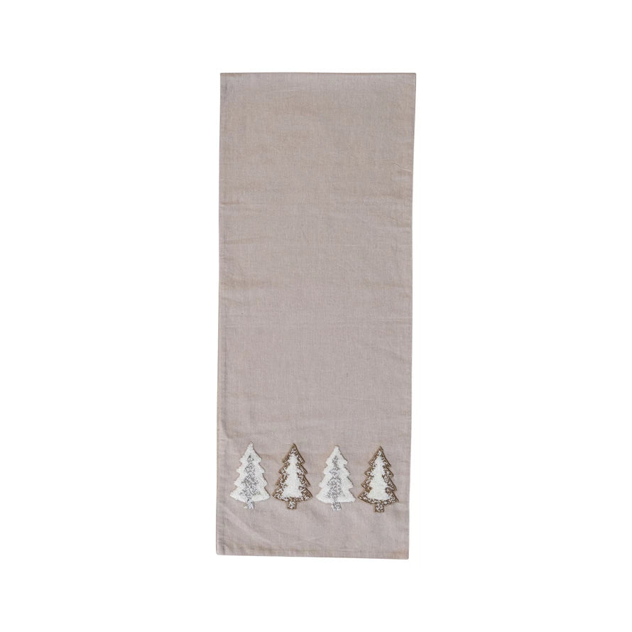 Chambray Table Runner - Embroidered Tufted Trees & Glass Beads