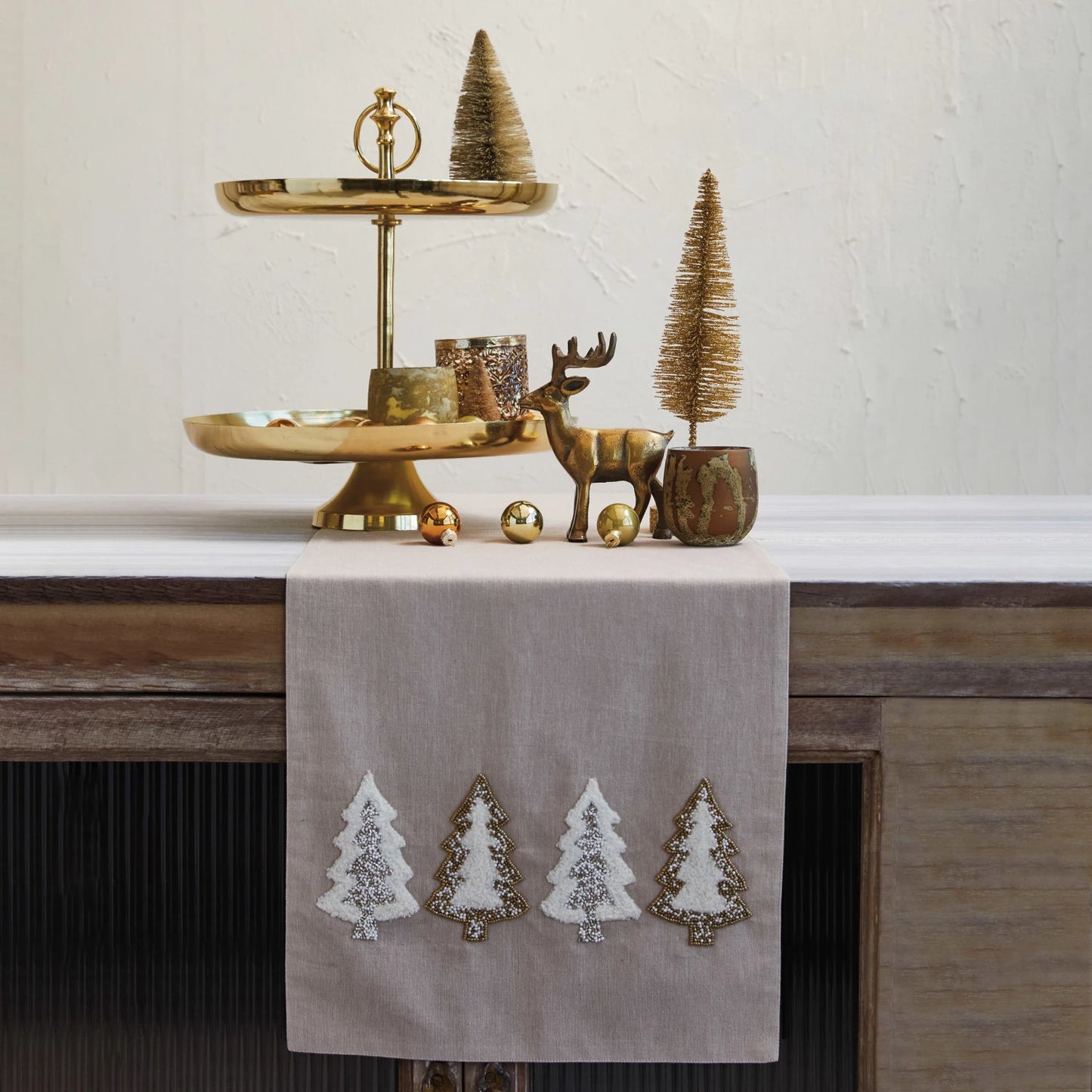 Chambray Table Runner - Embroidered Tufted Trees & Glass Beads