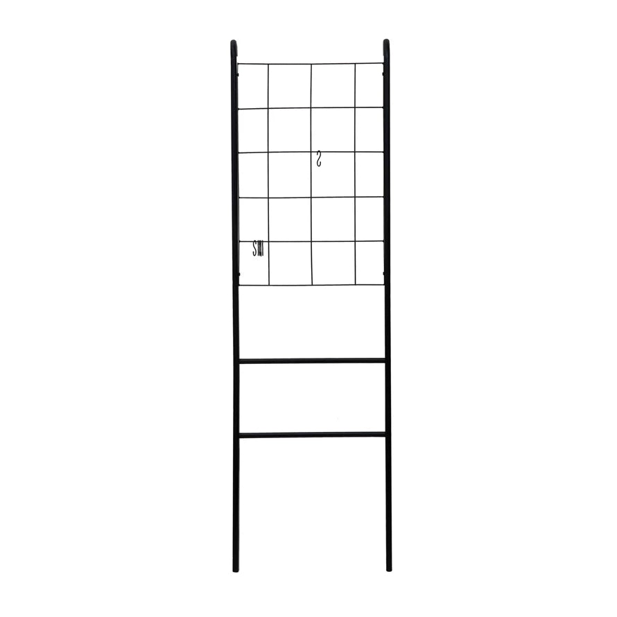 Decorative Wood Ladder with Metal Grid and 6 Hooks